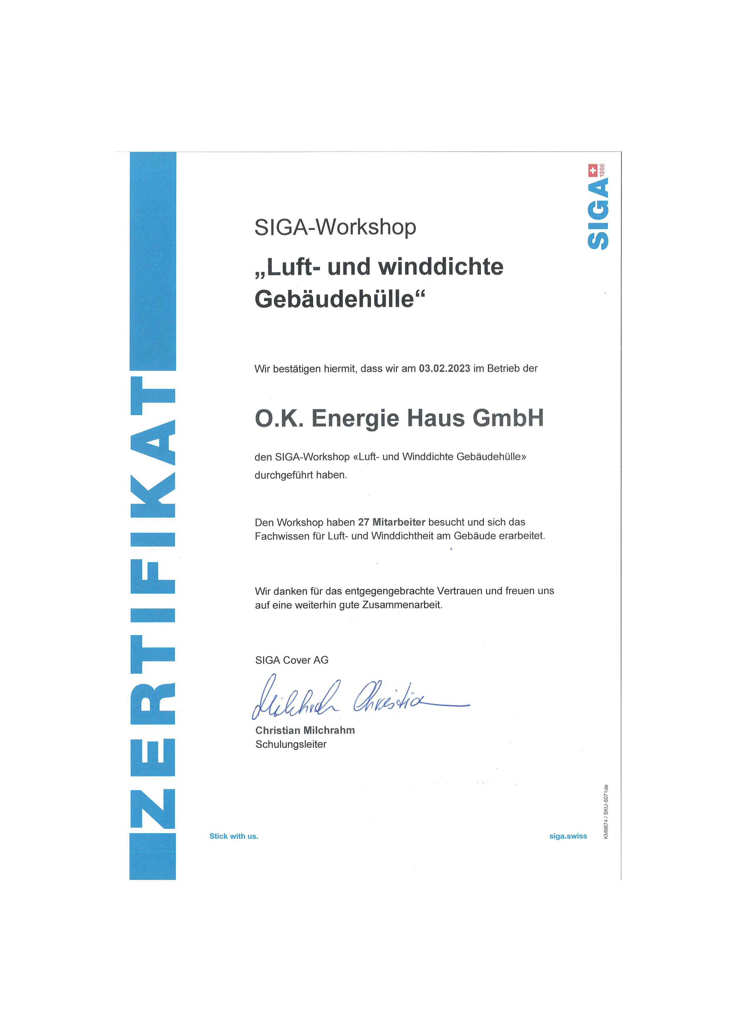 SIGA Zertifikat - O.K. Energie Haus